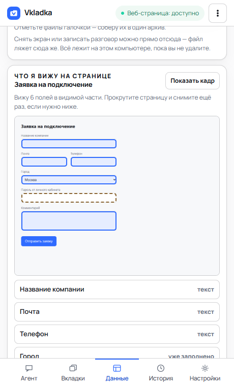 Кадр страницы с рамками полей; поле пароля отмечено как не заполняемое